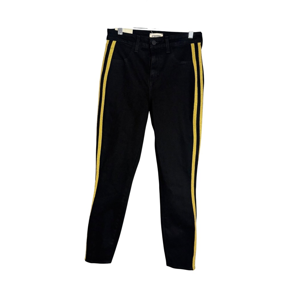 L'AGENCE Marguerite High Rise Skinny Jeans Black Gold Metallic Stripe Size 26